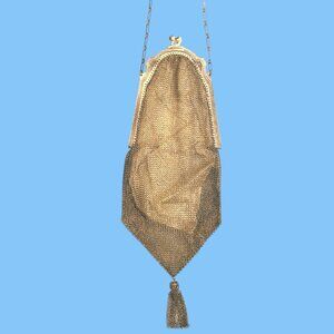Antique 1900s Art Deco Whiting & Davis Purse Soldered Mesh Tassel Inside Mirror‎